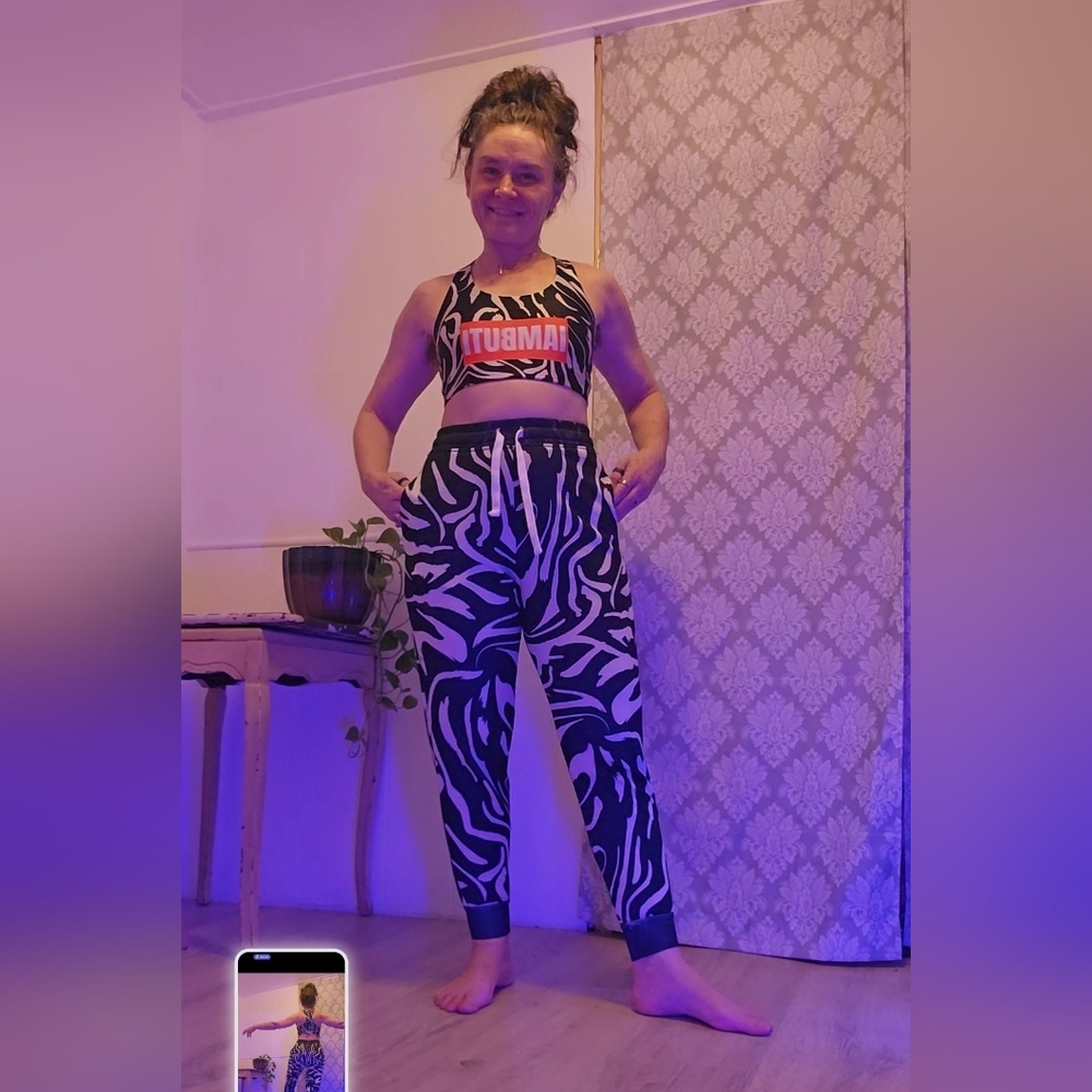 Stylish Black and White BUTI MVMNT Womens Zebra Jogging Pants And IAMBUTI Bra.